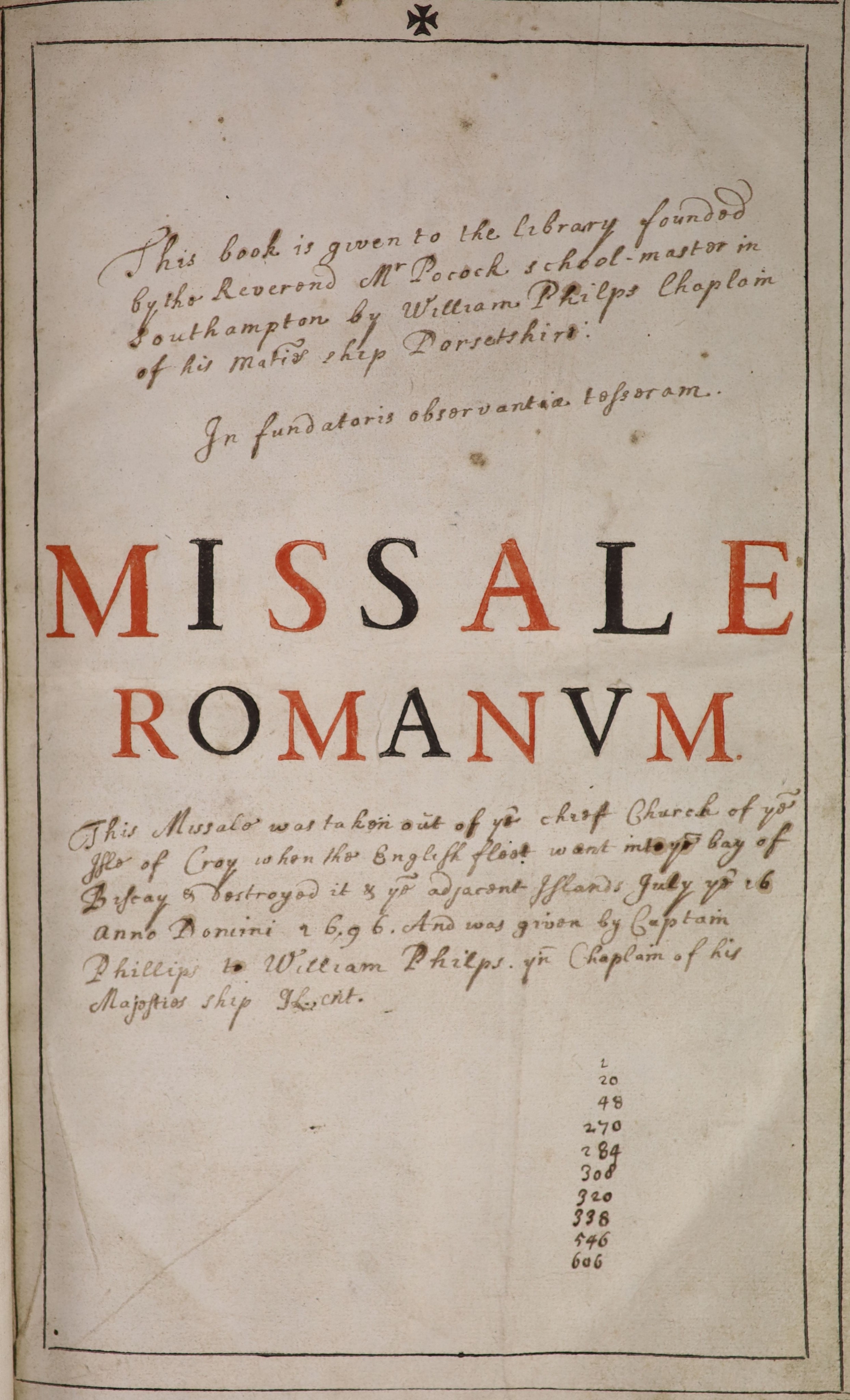 Missale Romanum ex Decreto Sacrosancti Concilii Tridentini Restitutum ... pictorial engraved title, half title (in red & black), full-page engraved illus., text decorations, historiated initial letters, some rubrication,